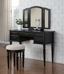 Black Bobkona Folding Mirror Makeup Table Dresser W/ Stool 5 Drawer Vanity Set. Fixed Price $309.69.