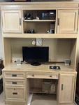 Vintage Solid Wood Stanley Desk & Hutch. 56.25 Wide X 79.5 Tall 22 Deep. Fixed Price $550.00.