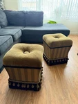 Vintage Tufted Ottoman Set (2) Gold & Black Tassel Trim Elegant Accent Stool. Fixed Price $200.00.