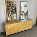 Vintage Scene Two Blonde Burlwood Dresser With Mirrors By Henredon. Fixed Price $2371.50.