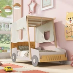 Car-shaped Twin Bed For Kids, Solid Wood Frame With Cushion & Canopy, Natural. Fixed Price $566.99.