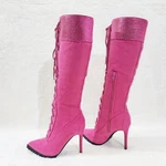 Queens Rhinestone Pointy Toe High Heels Stiletto Lace Up Knee Boots. Fixed Price $72.95.