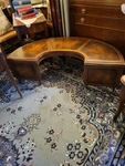 1900S Antique Weiman Heirloom Coffee Table Half Circle Wood & Leather Top Patina. Fixed Price $725.00.