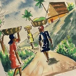 Vintage Watercolor Ink Artwork Tropical Ladies Carrying Baskets Signed /141B. Fixed Price $15.00.