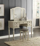 Silver Bobkona Folding Mirror Makeup Table Dresser W/ Stool 5 Drawer Vanity Set. Fixed Price $375.73.