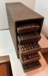 Set Of 5 Antique Asian Abacus And Wooden Storage Case. Fixed Price $325.00.