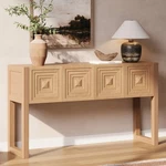 Geometric Carved Console Table With 3 Soft-close Drawers, Fluted Leg Details. Fixed Price $285.00.