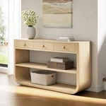 Modern Curved Console Table With 3 Soft-close Drawers & 2 Open Shelves. Fixed Price $340.00.