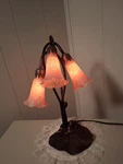 Vtg Tiffany Style Lily Pad Table Lamp 3 Arm Pink Frosted Tulip Shades. Fixed Price $125.00.