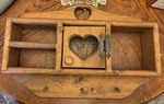Vintage Wood Wall Shelf With Heart Cutout And Little Door Three Hanging Rods. Fixed Price $39.99.