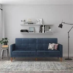 Realrooms Lilly Upholstered Convertible Split-back Futon Sofa, Blue Velvet. Fixed Price $351.00.