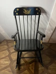 1950'S Oak Hill Rocking Chair, Childrens Doll Black Gold Eagle Stars. Fixed Price $149.00.
