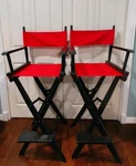 2 Pier One Tall Folding Directors Chair Red Canvas Hardwood Foot Rest. Fixed Price $400.00.