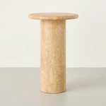 Round Travertine Accent Table Cylindrical Pedestal Base Stone Construction. Fixed Price $299.99.