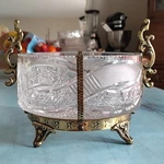 Vtg Hollywood Regency Cut Crystal Bowl Pedestal Footed Brass Base Large & Heavy. Fixed Price $49.99.