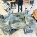 Antique Distressed Gray Vanity Table With Round Mirror And 6 Drawers For Bedroom. Fixed Price $298.88.