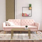 Novogratz Tallulah Memory Foam Futon, Convertible Couch, Pink Velvet. Fixed Price $395.00.