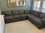 Drexel Signature Two-piece Sectional Sofa Gray Rolled Arms Tailored Skirt. Fixed Price $800.00.