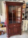 Nearly-antique Brandt Mahogany Glass-front Corner Cabinet W/ Drawer Key. Fixed Price $100.00.