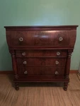 Antique 1800S Empire Mahogany Dresser W/ Glass Knobs & Column Detail. Fixed Price $475.00.